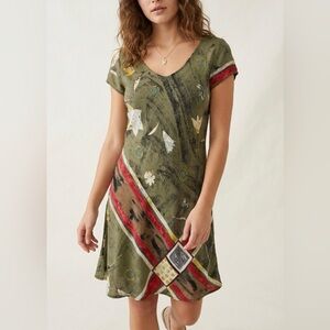 Artistic Olive Dress with Red Accents